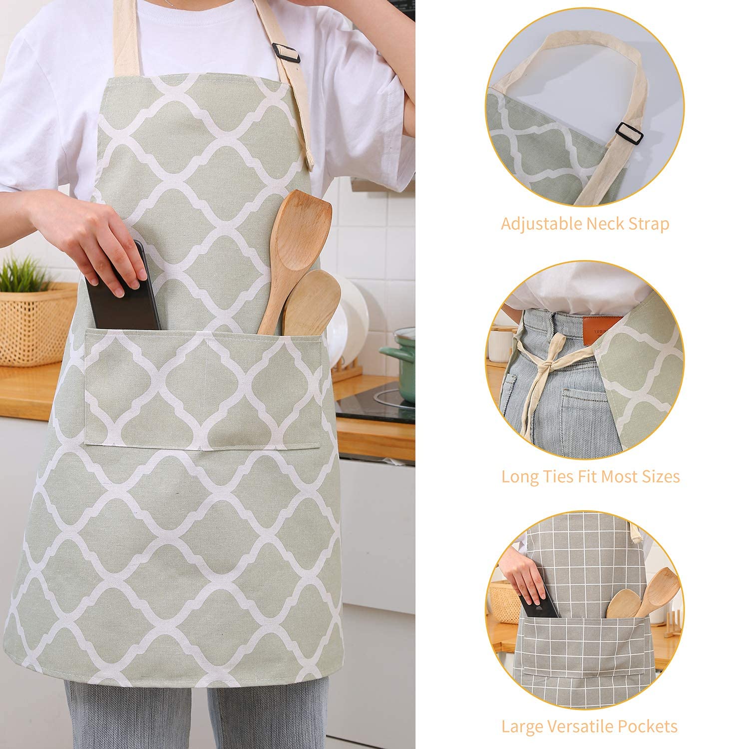 Long waist ties on the Tosewever bib apron for versatile fastening.