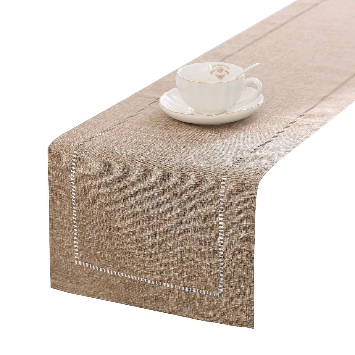 Tosewever linen table runner in light coffee straight style enhances rustic dining and tone.