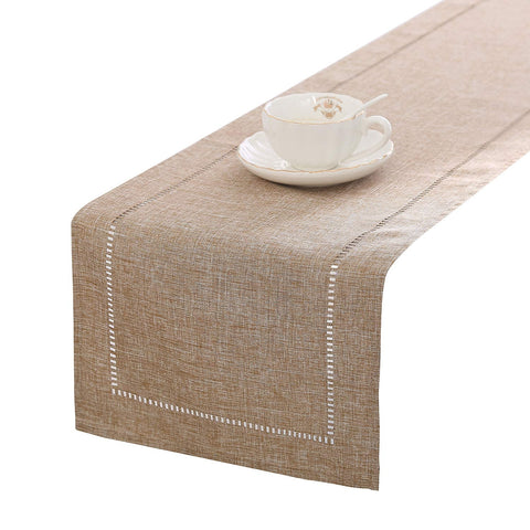Tosewever linen table runner in light coffee straight style enhances rustic dining and tone.