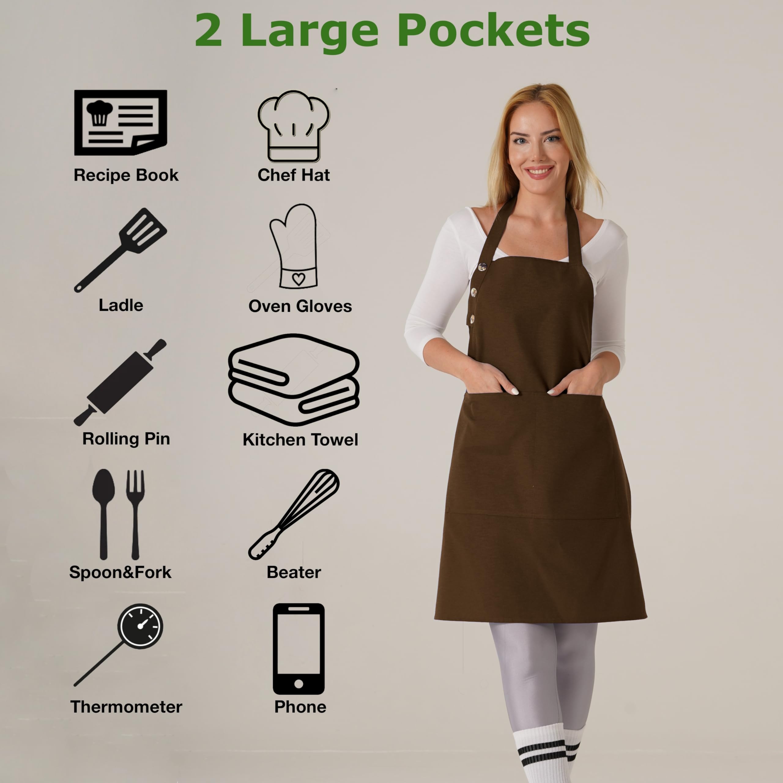 TOSHE apron with two large pockets keeps utensils within reach.