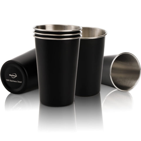 Tosnail 6-pack black stainless steel pint cups stacked for compact storage.