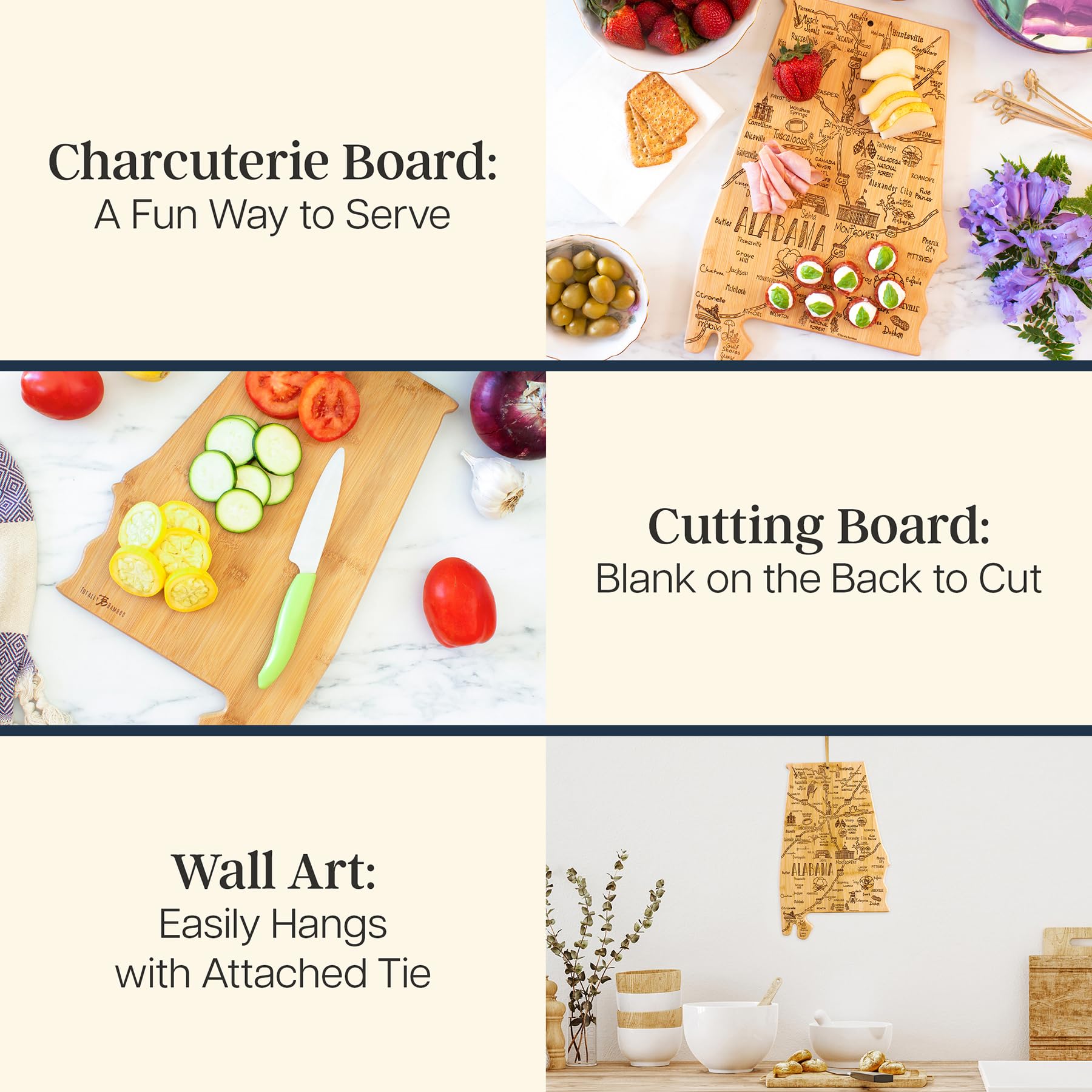 Totally Bamboo Alabama cities and landmarks detail on durable board
