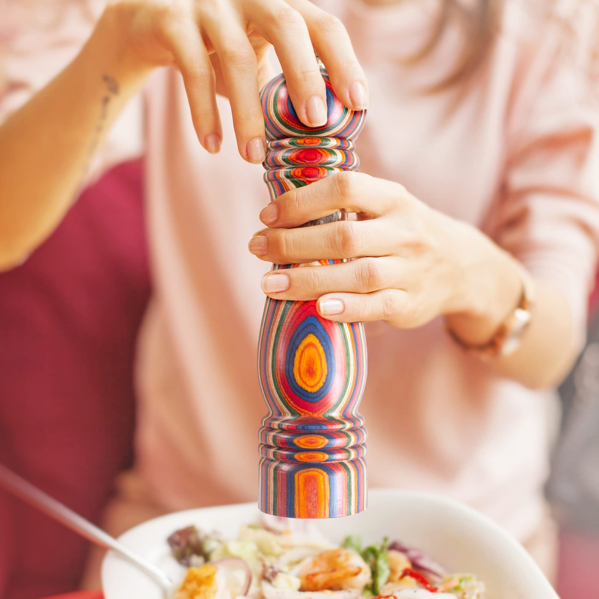 Totally Bamboo Baltique Marrakesh grinder features colorful birch layers for easy, controlled grinding.