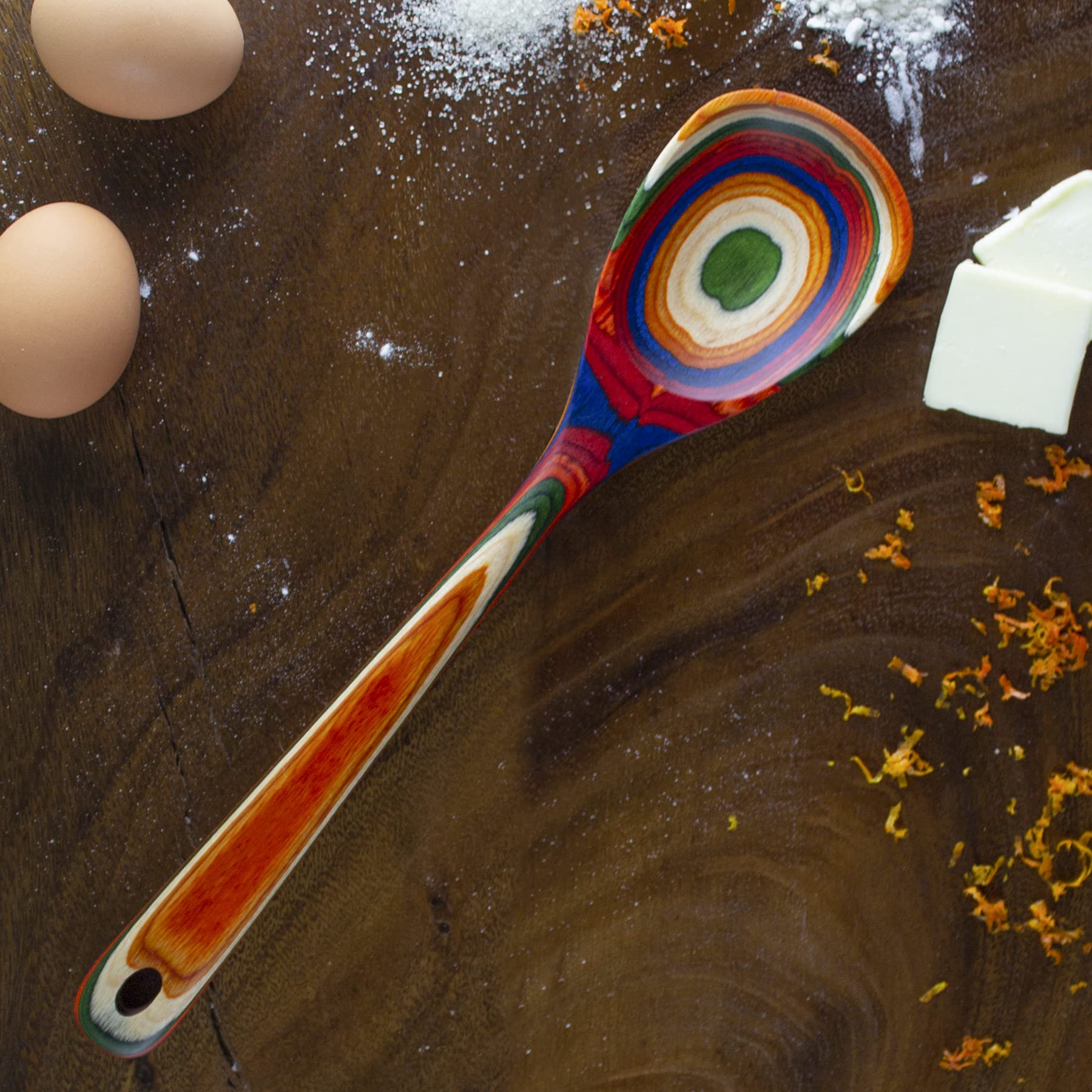 Totally Bamboo Baltique Marrakesh rainbow-wood spoon, colorful design enhances cooking and entertaining.