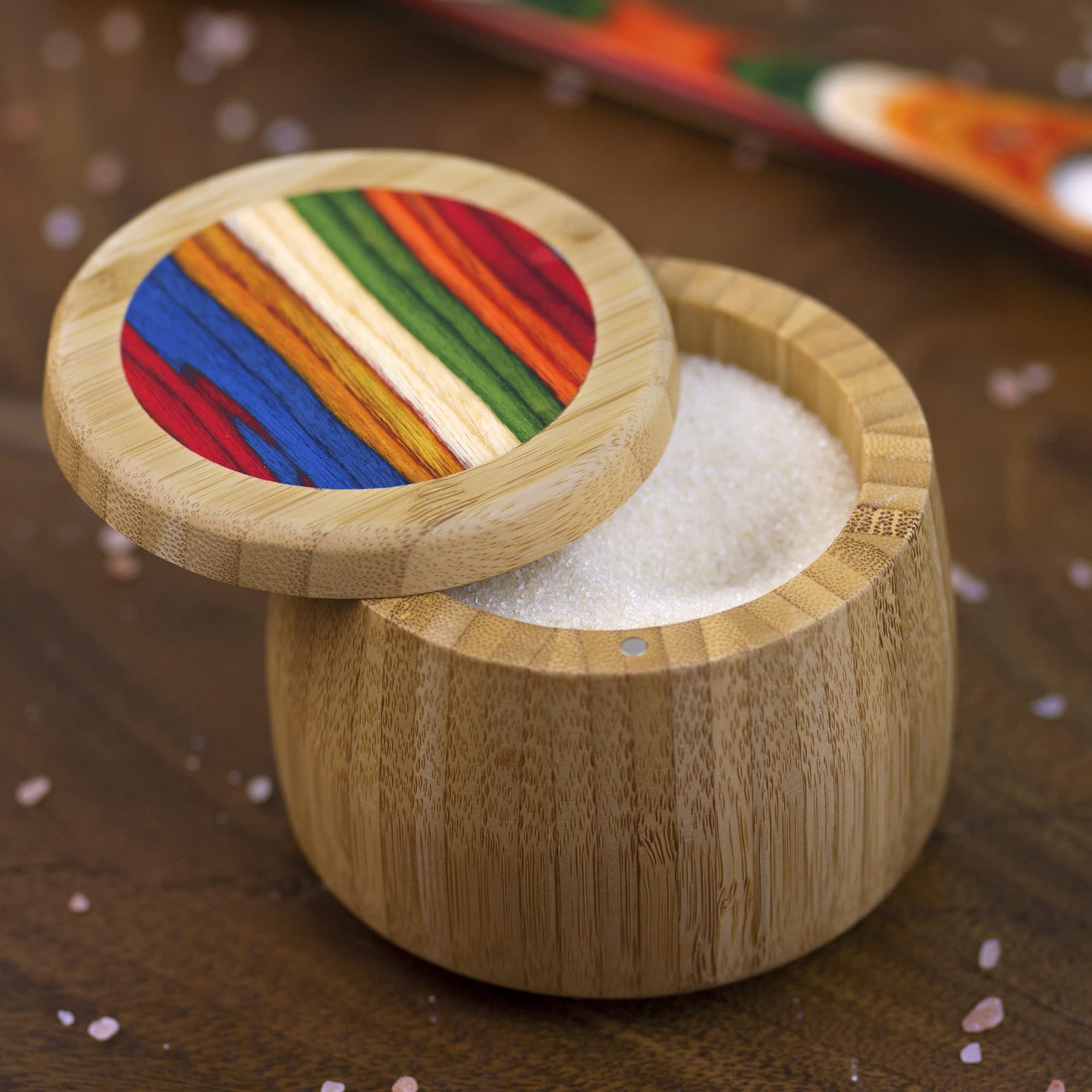 Totally Bamboo Baltique Marrakesh salt cellar lid open showing magnetic lock