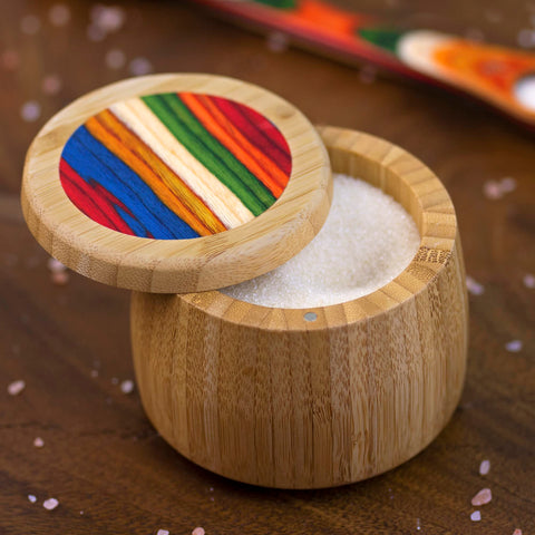 Totally Bamboo Baltique Marrakesh salt cellar lid open showing magnetic lock