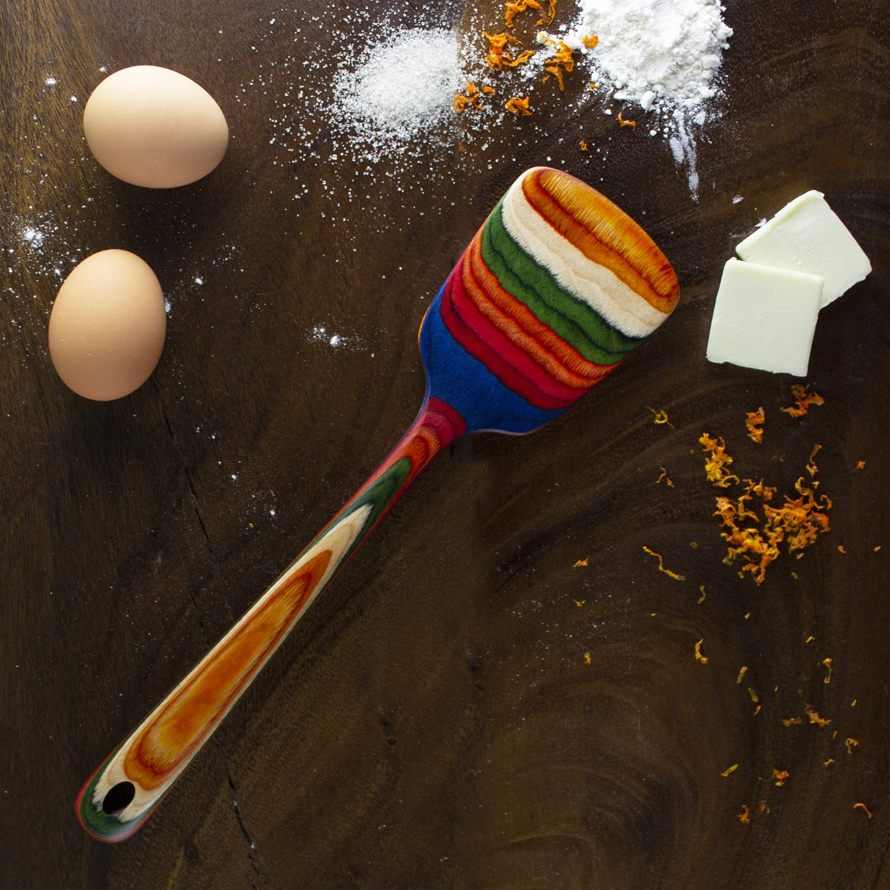 Totally Bamboo Baltique Marrakesh Spatula, colors close-up highlighting Moroccan-inspired rainbow tones.