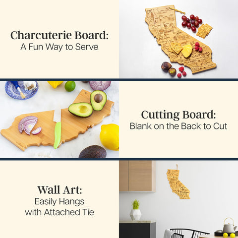 Totally Bamboo California charcuterie board features engraved landmarks for entertaining