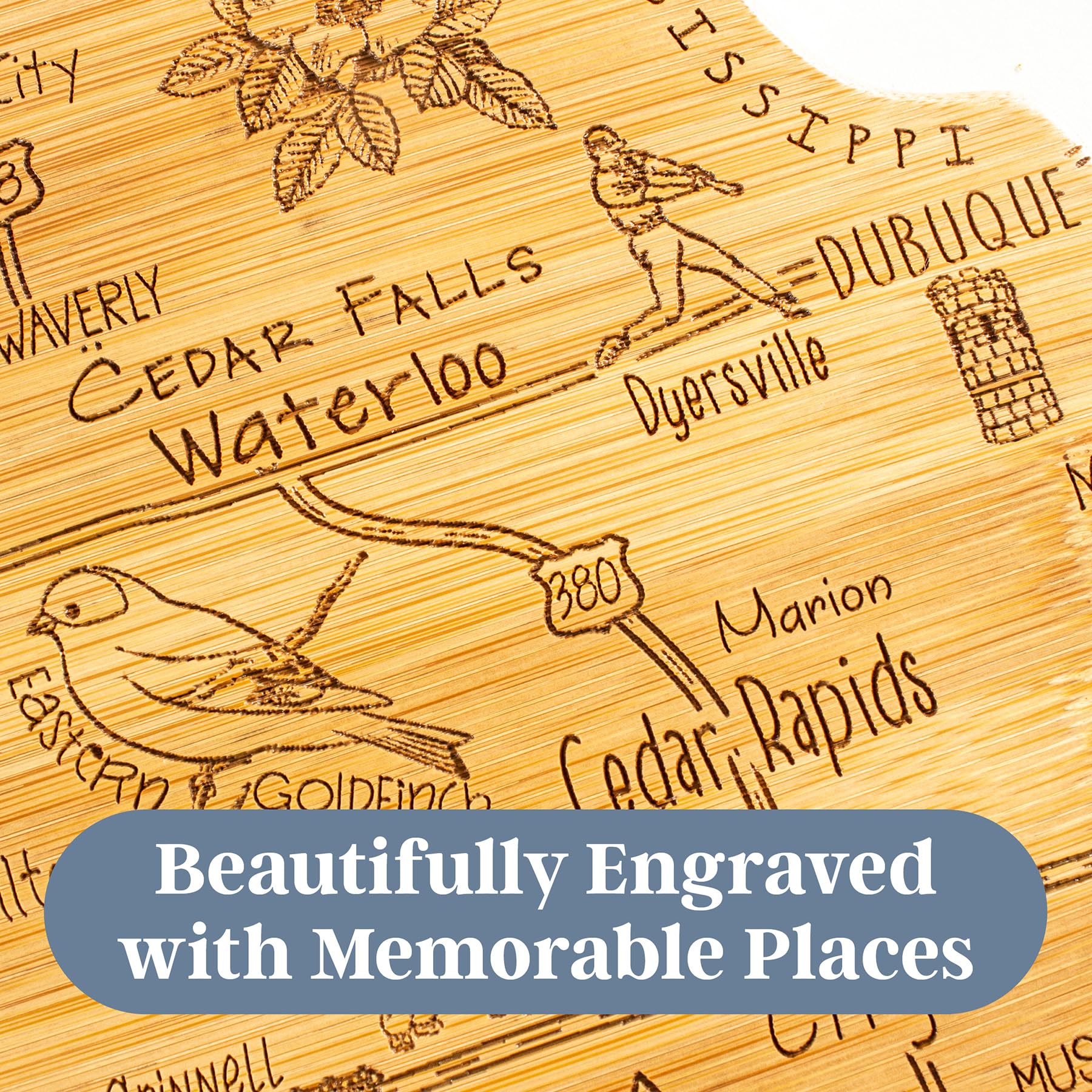 Totally Bamboo charcuterie board featuring Iowa motif for entertaining