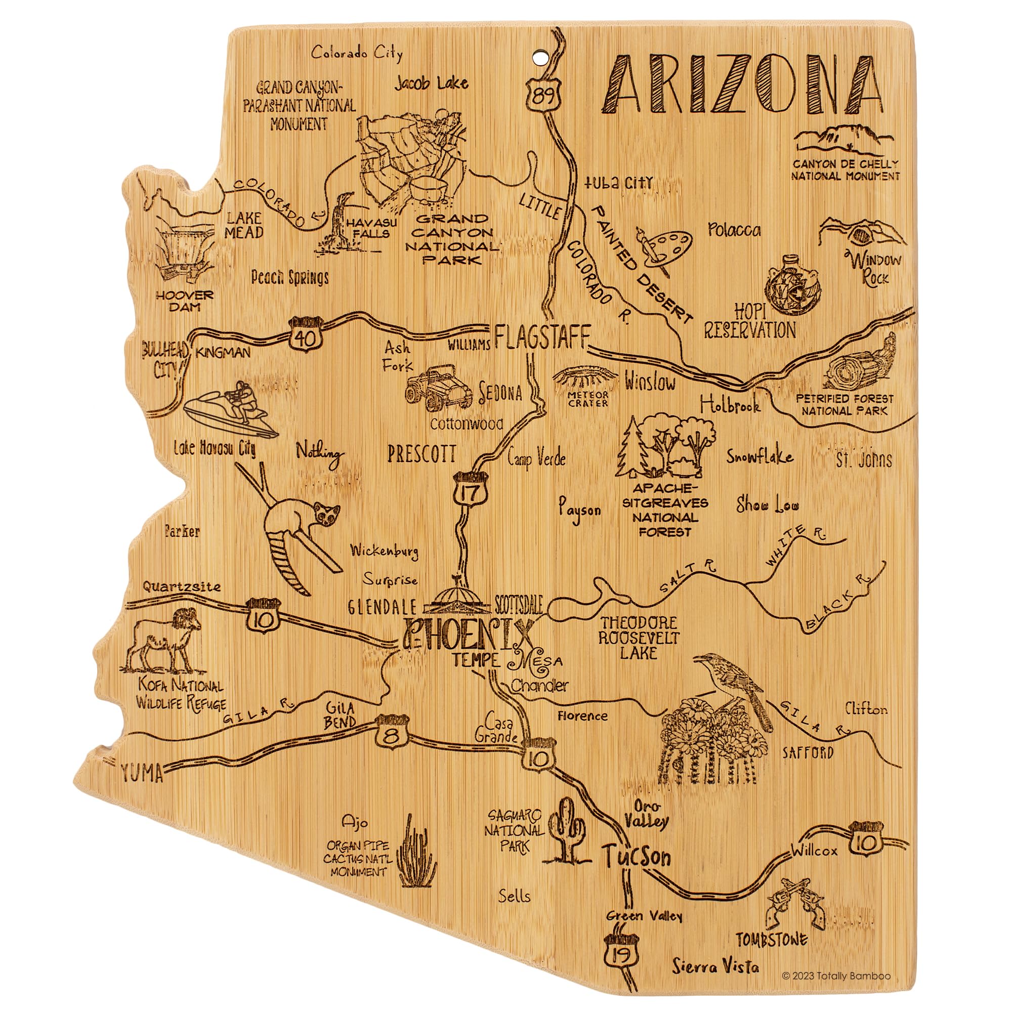 Totally Bamboo Arizona map cutting board with engraved cities and landmarks for stylish prep.