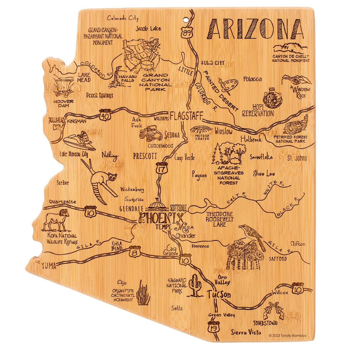 Totally Bamboo Arizona map cutting board with engraved cities and landmarks for stylish prep.