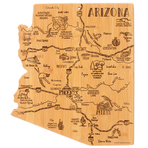 Totally Bamboo Arizona map cutting board with engraved cities and landmarks for stylish prep.