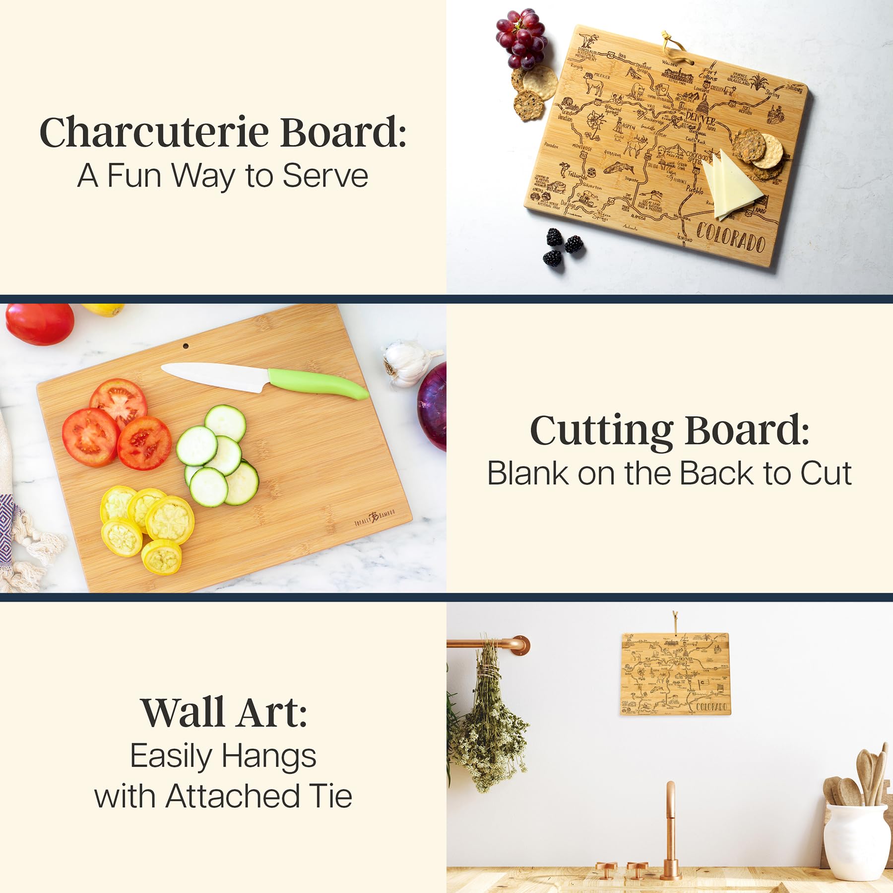 Totally Bamboo Colorado cutting board front with detailed Colorado design for kitchen prep