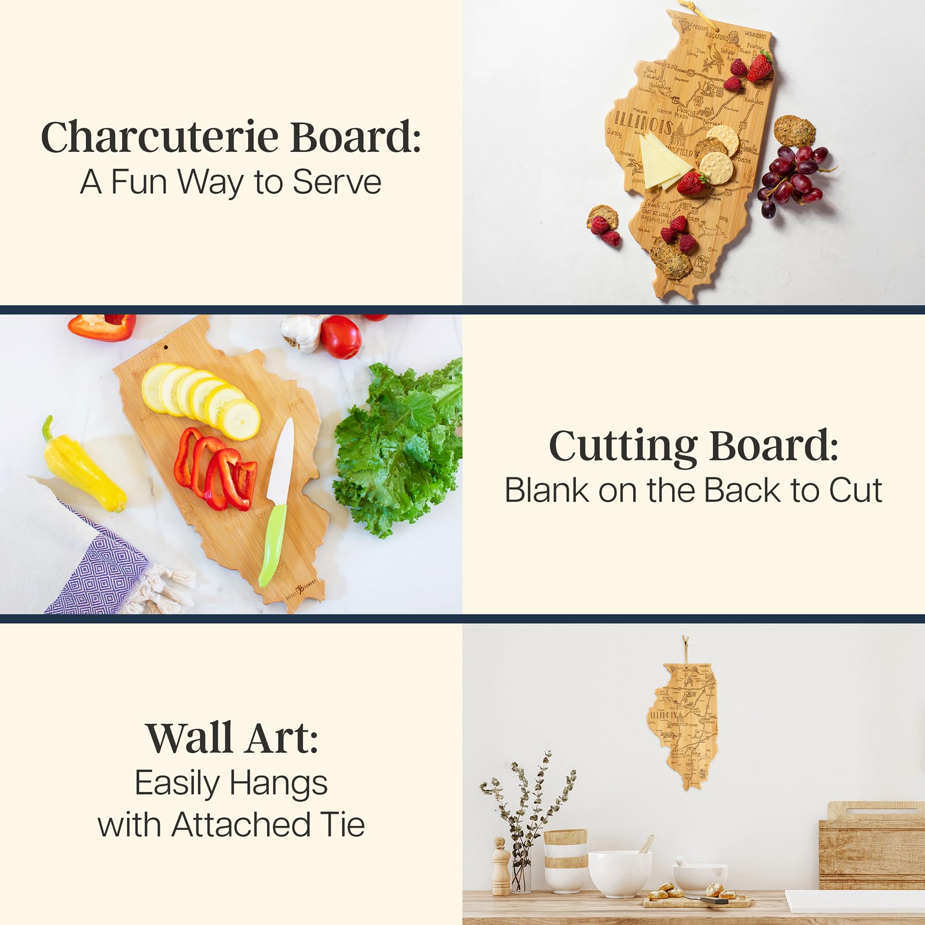 Totally Bamboo Illinois charcuterie board showcasing landmarks for elegant entertaining.