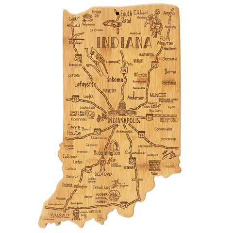 Totally Bamboo Destination Indiana map cutting board with detailed engraving for display