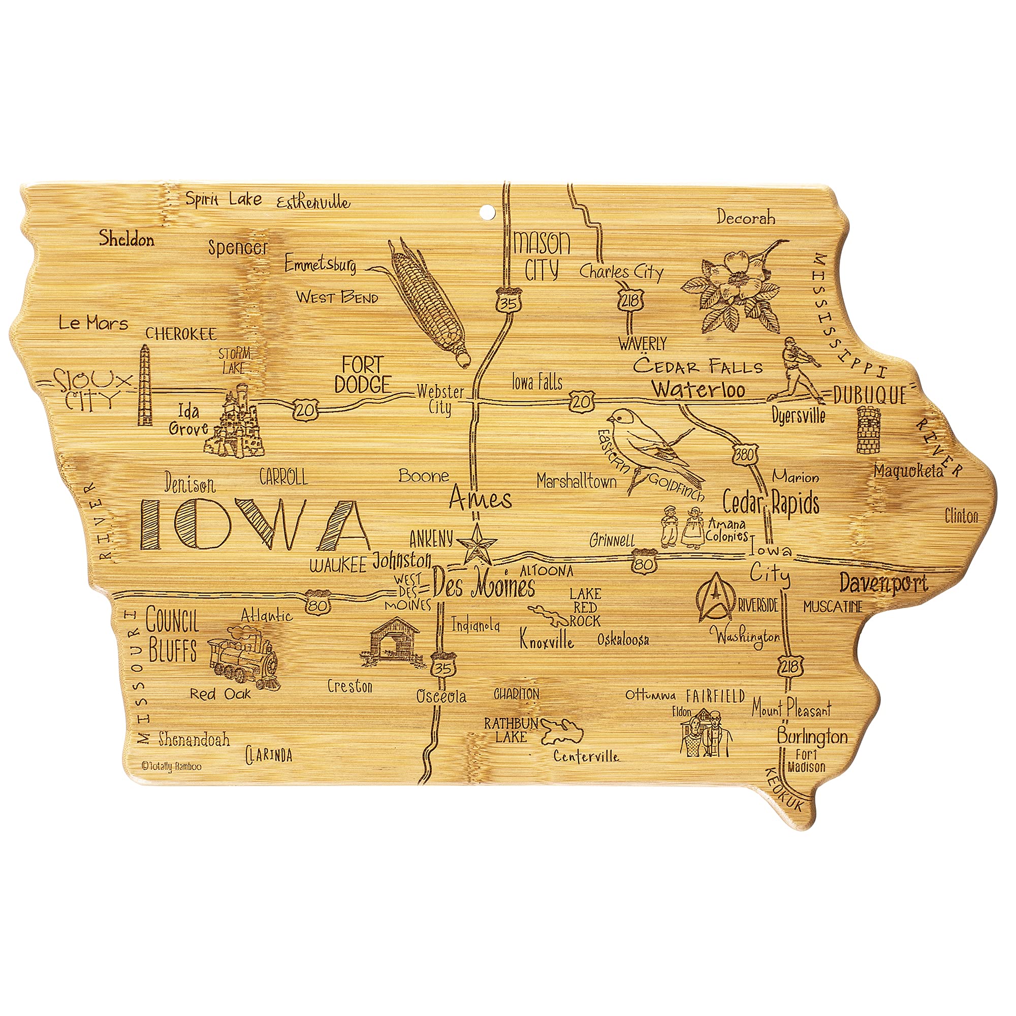 Totally Bamboo Iowa map cutting board with laser-engraved cities for stylish prep