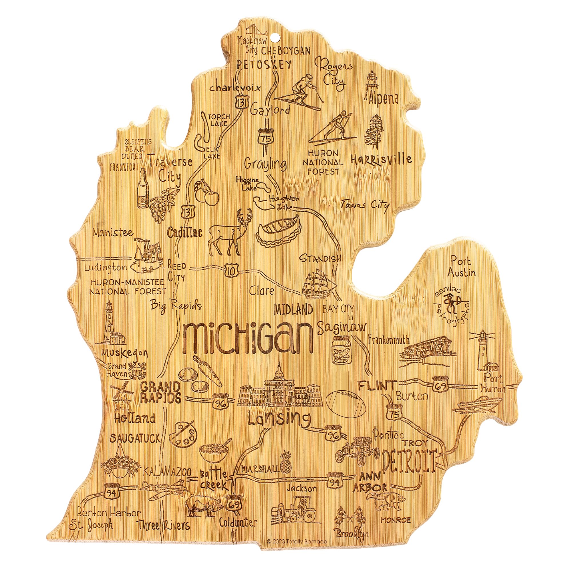Totally Bamboo Michigan cutting board with laser-engraved map for stylish meal prep.
