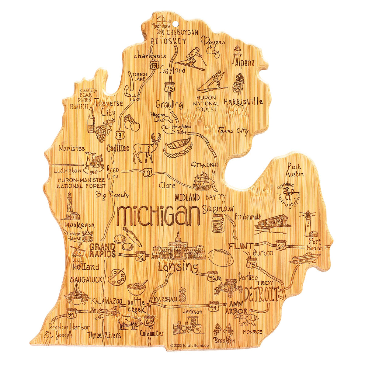 Totally Bamboo Michigan cutting board with laser-engraved map for stylish meal prep.