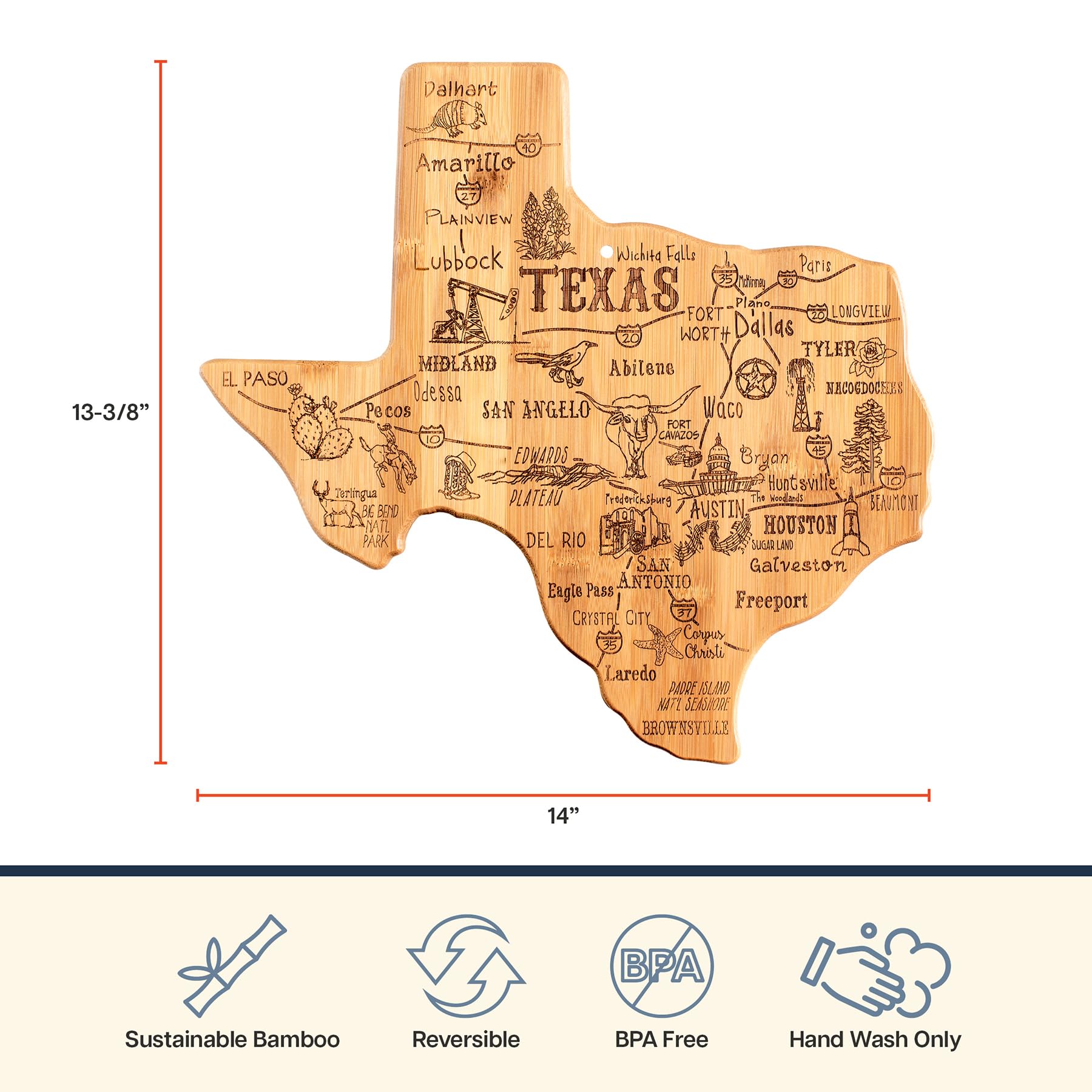 Totally Bamboo Destination Texas engraved map highlights cities and landmarks for display.