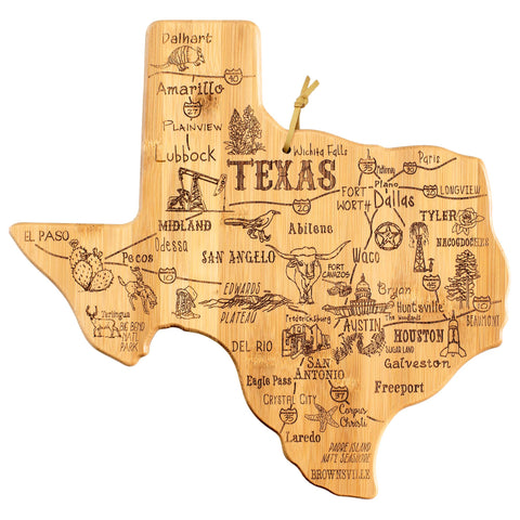 Totally Bamboo Destination Texas map cutting board shows engraved cities for stylish Texas pride.