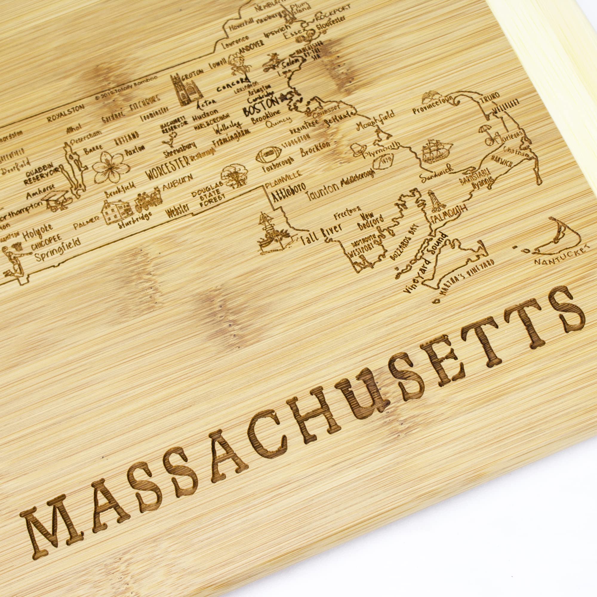 Totally Bamboo Massachusetts scenery board, dual-sided for serving and knife-friendly cutting.