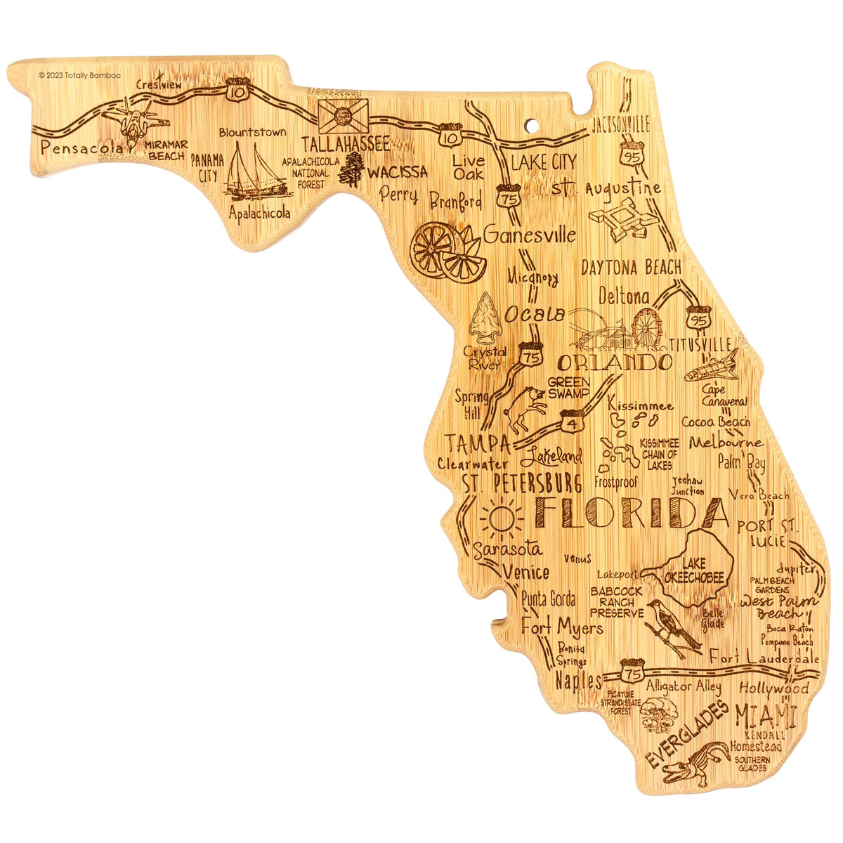 Totally Bamboo Florida state cutting board with map engraving for stylish slicing and serving.