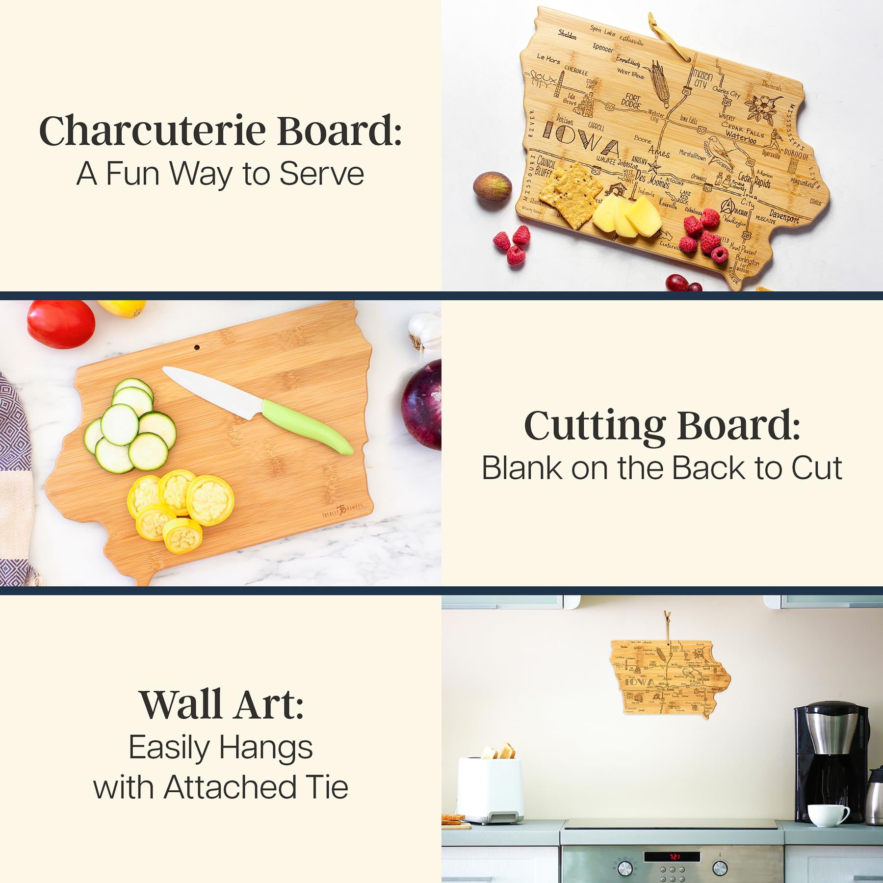 Totally Bamboo Iowa state map detail board, perfect for serving and display