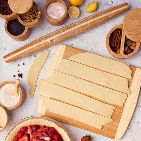 Totally Bamboo Kauai Cutting Board closeup grain shows natural texture for appealing prep.