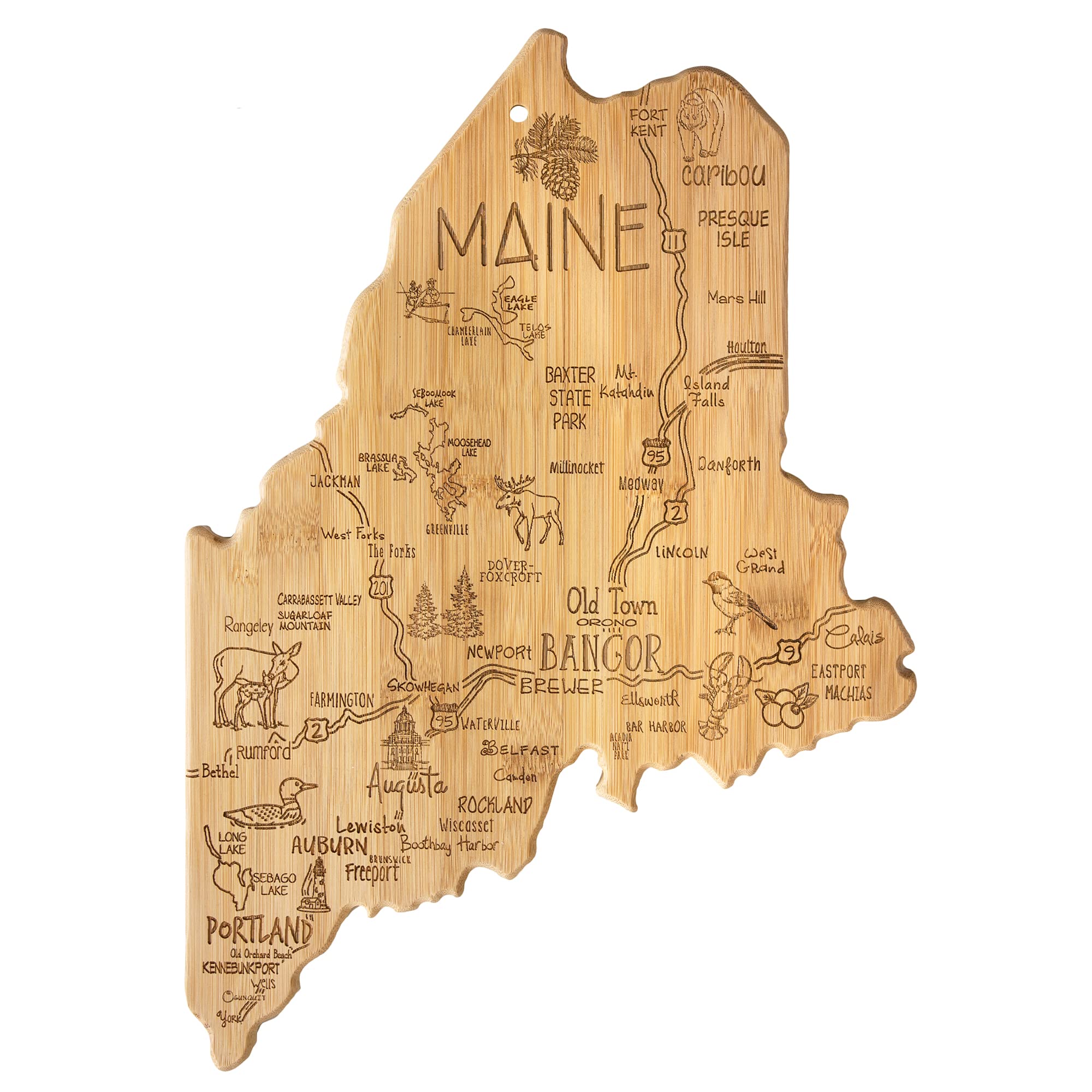 Totally Bamboo Maine state shape board with engraving for stylish serving