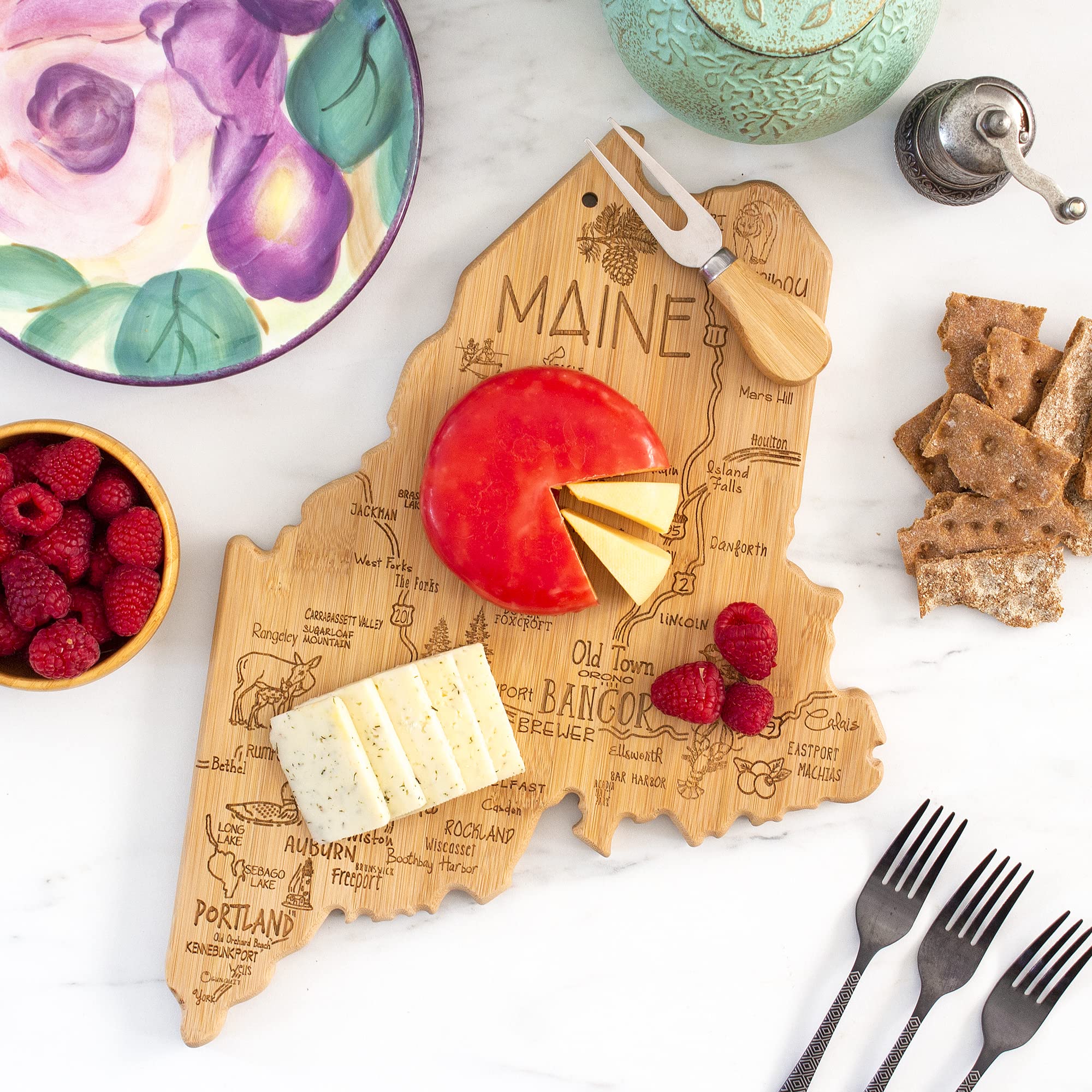 Totally Bamboo Maine towns engraving enhances display while you prep snacks