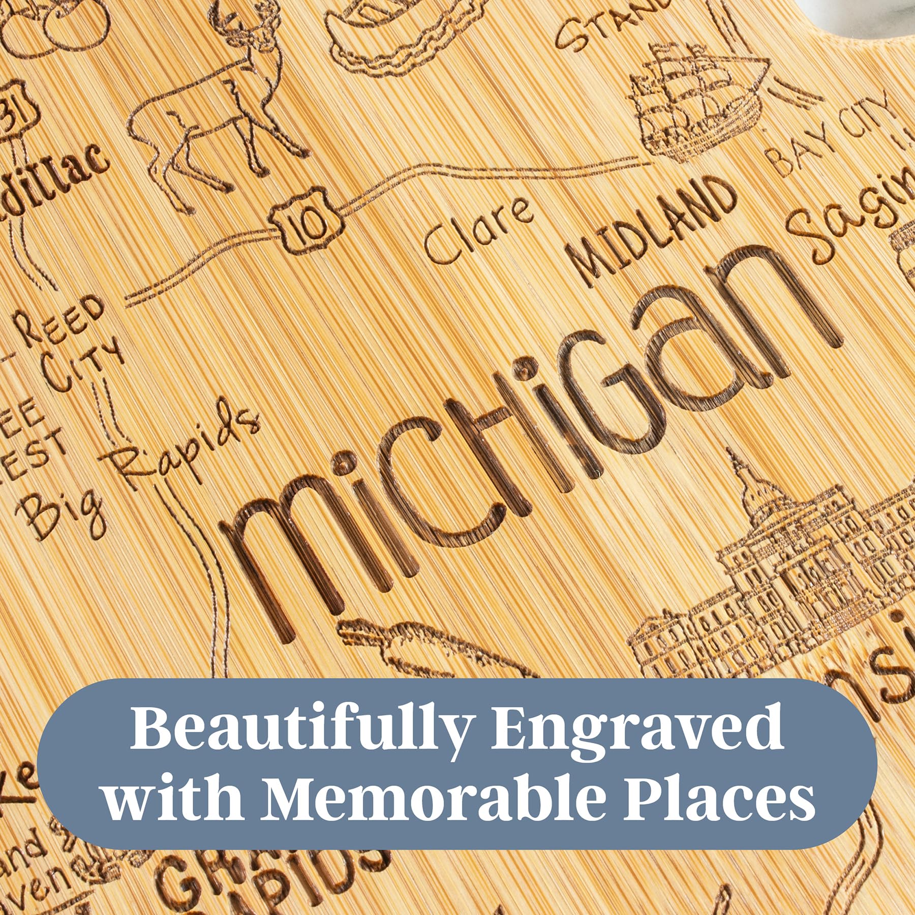 Totally Bamboo Michigan charcuterie board with map artwork for entertaining guests.