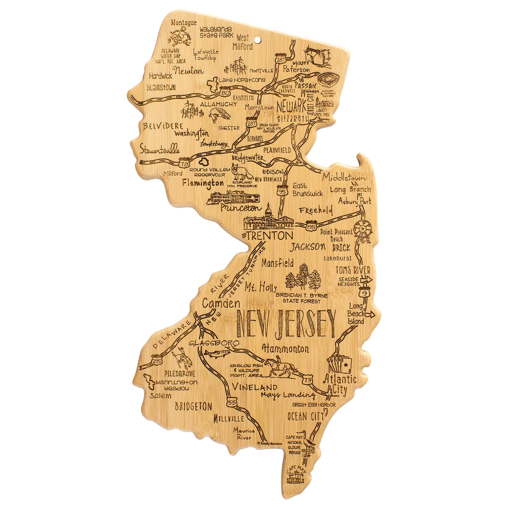Totally Bamboo New Jersey state map cutting board with laser engraving for stylish prep