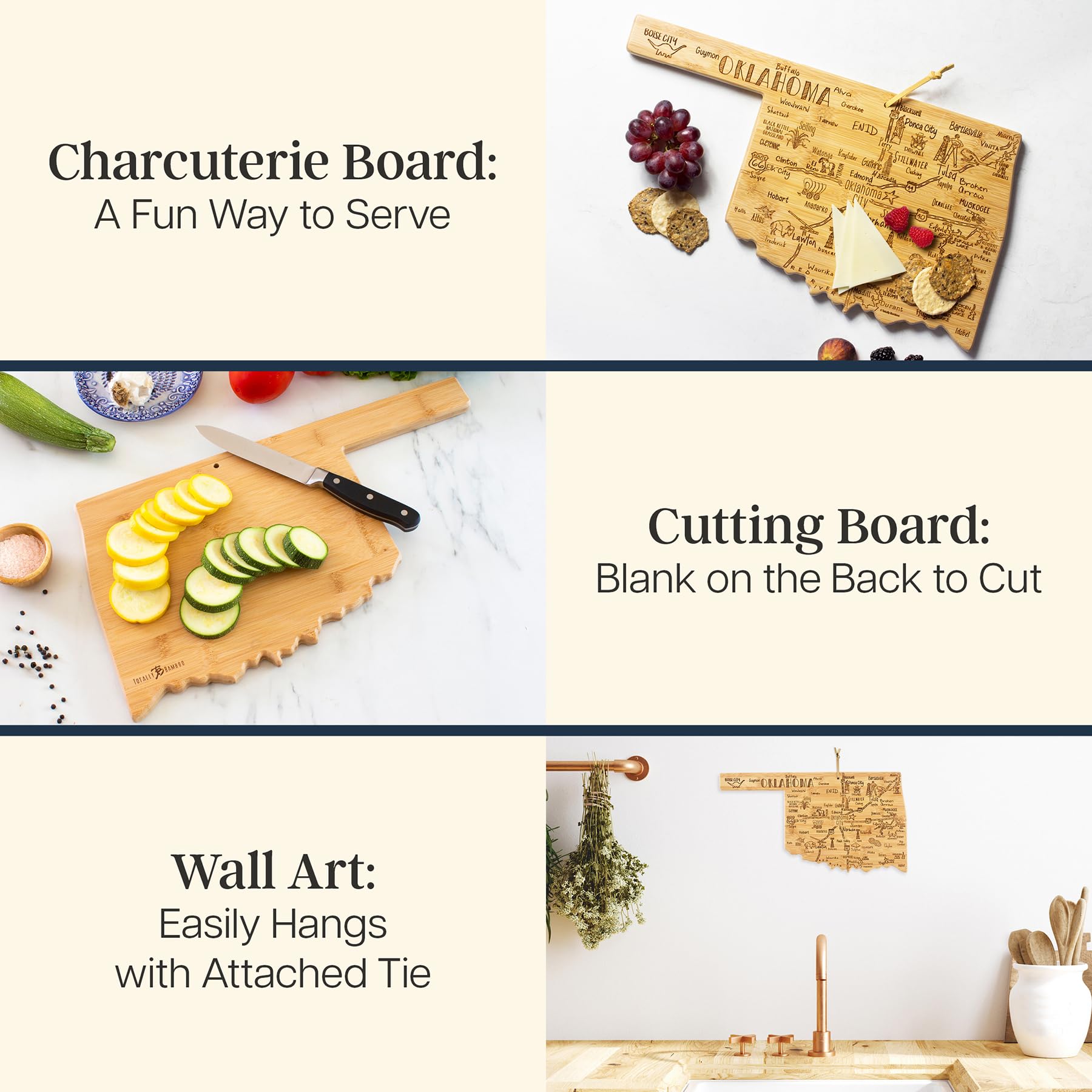 Totally Bamboo Oklahoma charcuterie board with engraved cities for elegant entertaining