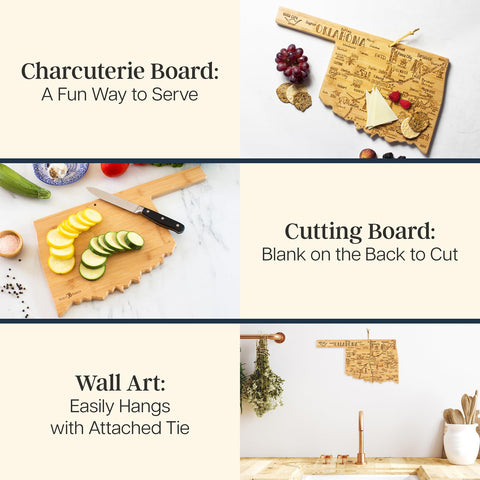 Totally Bamboo Oklahoma charcuterie board with engraved cities for elegant entertaining