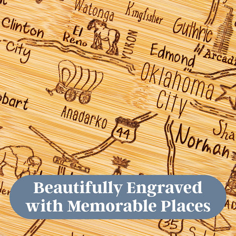 Totally Bamboo Oklahoma map engraving highlights landmarks for unique kitchen display