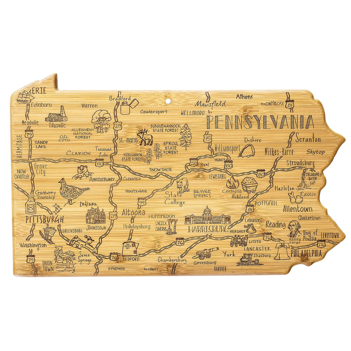Totally Bamboo pa-state-map cutting board with laser-engraved cities for stylish kitchen prep