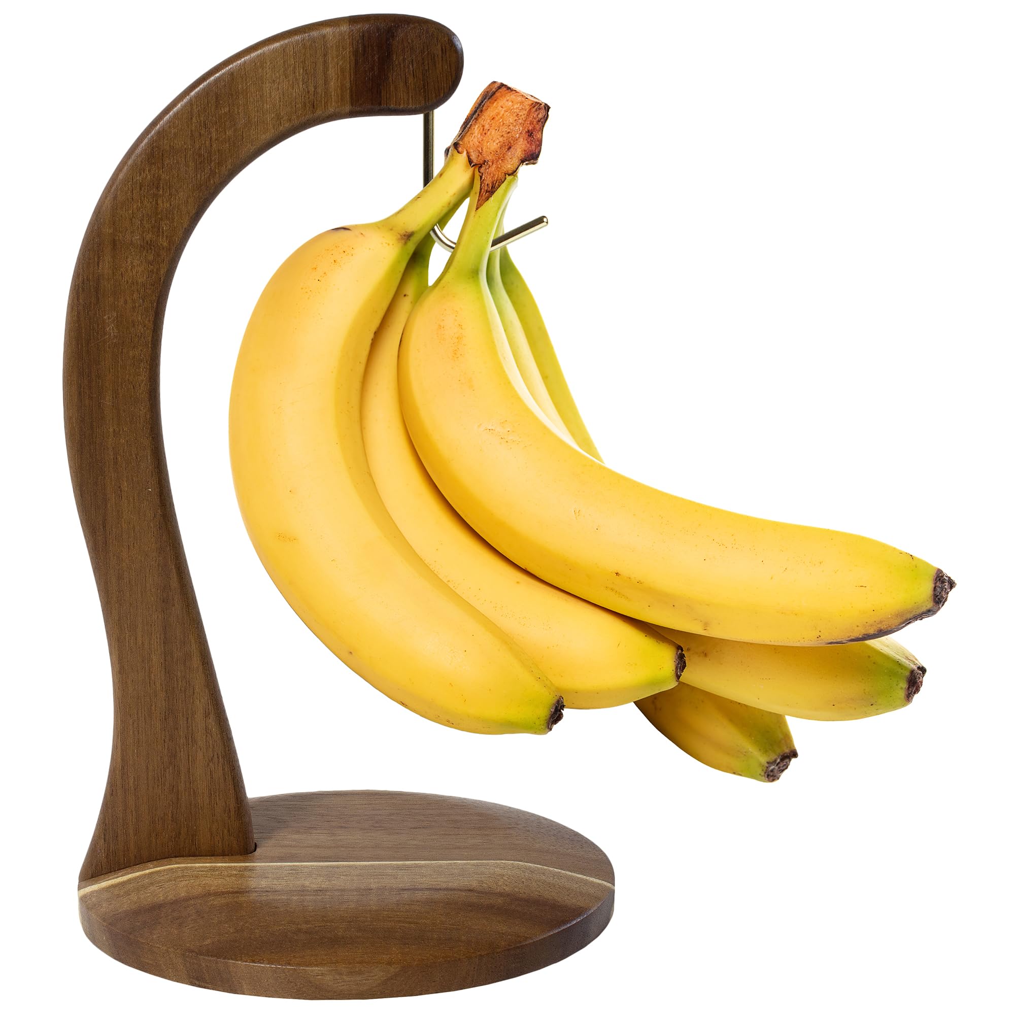 Totally Bamboo banana holder with rock and branch design and metal hook keeps bananas tidy.