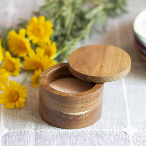 Totally Bamboo Rock & Branch salt cellar lid swiveled open for quick seasoning