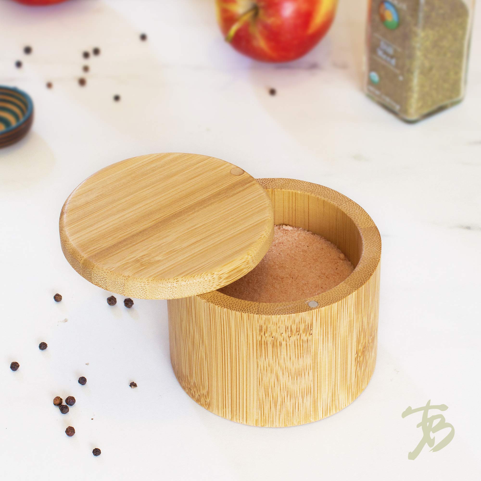 Totally Bamboo salt cellar shows the magnetic latch for freshness and dryness.