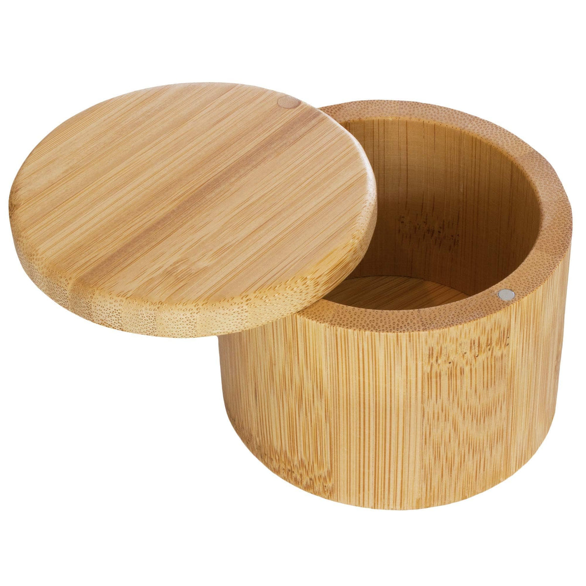Totally Bamboo salt cellar with swivel lid for easy one-handed seasoning.