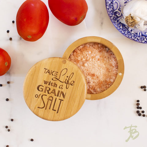 Totally Bamboo salt cellar swivels open with one hand for seamless spice access