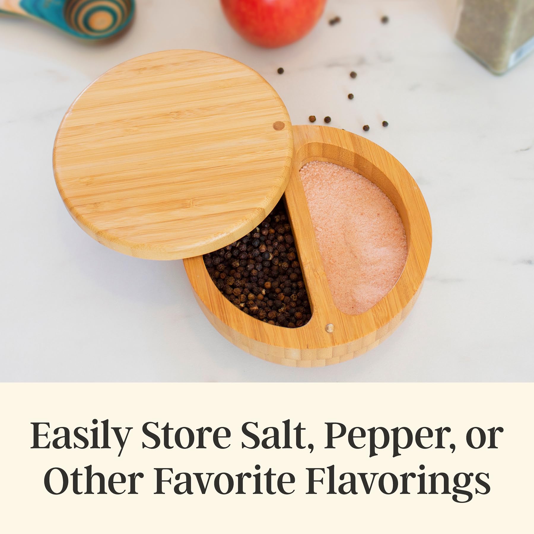 Compact bamboo Salt Keeper Duet fits neatly near stove or grill with natural warmth