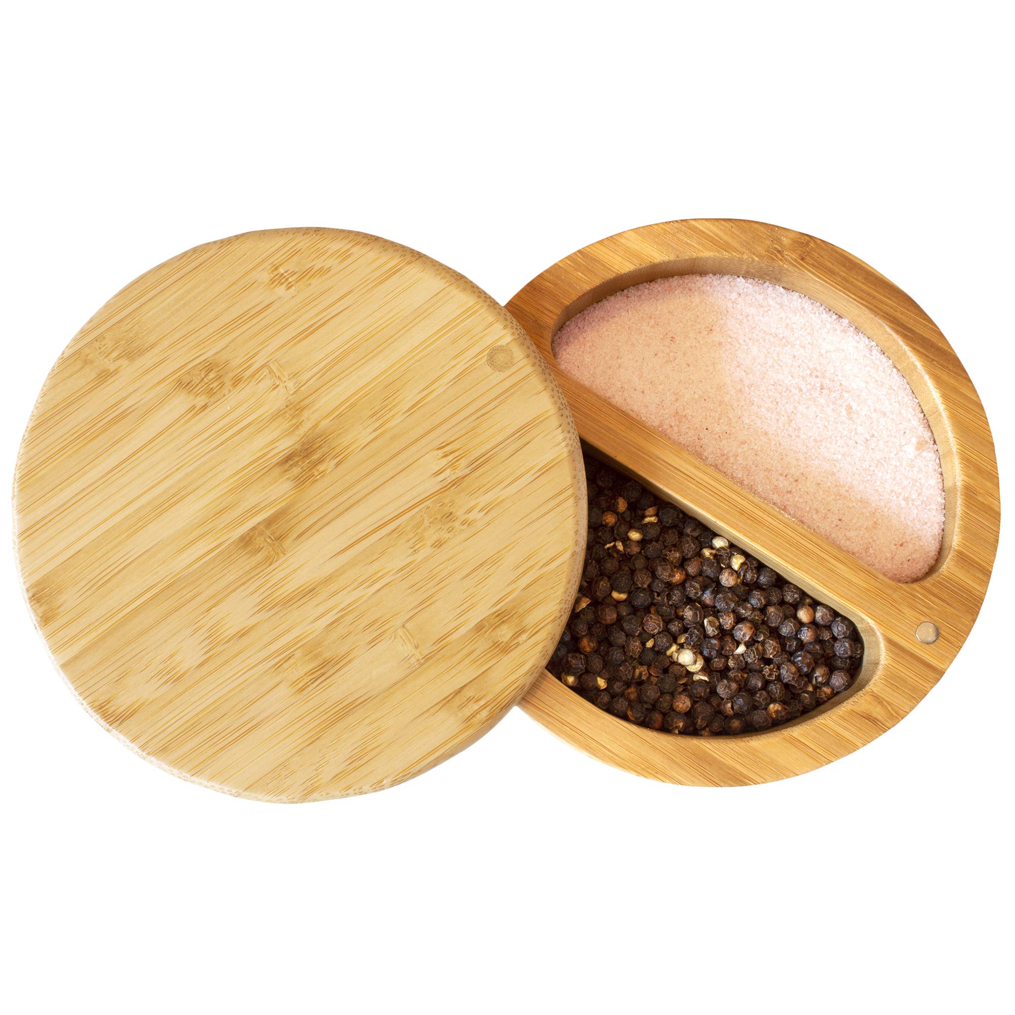 Totally Bamboo Salt Keeper Duet with dual compartments for salt and pepper on the counter