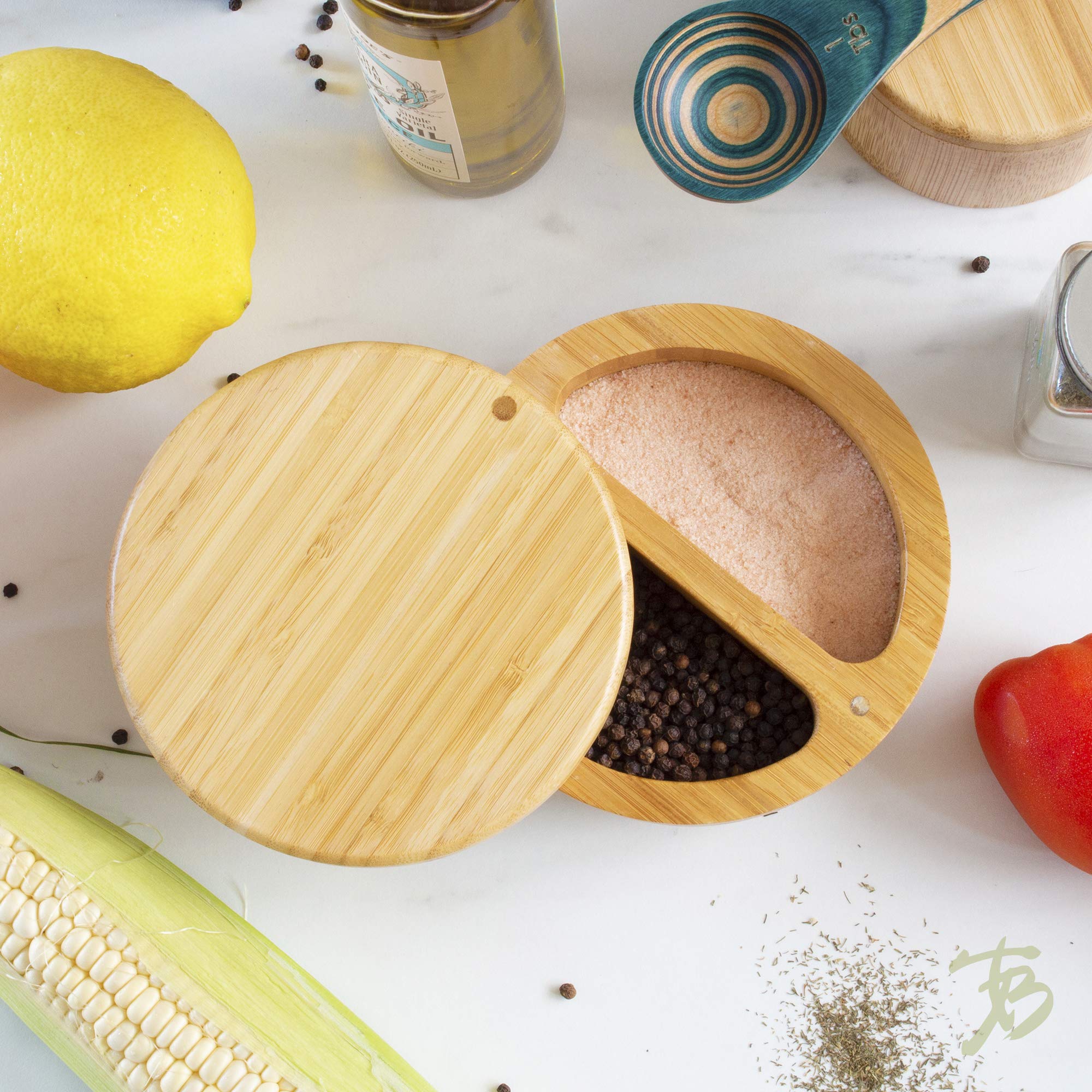 Totally Bamboo Salt Keeper Duet with magnetic swivel lids for quick one-handed seasoning