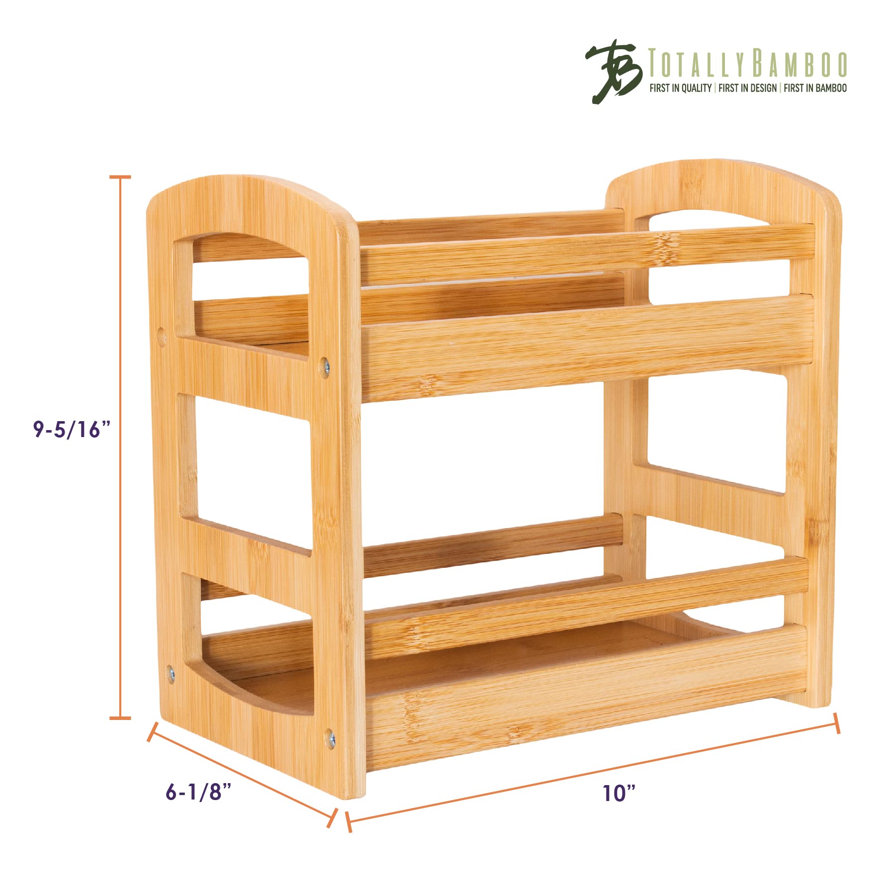 Totally Bamboo two-shelf spice caddy on counter proves durable, renewable bamboo solution.