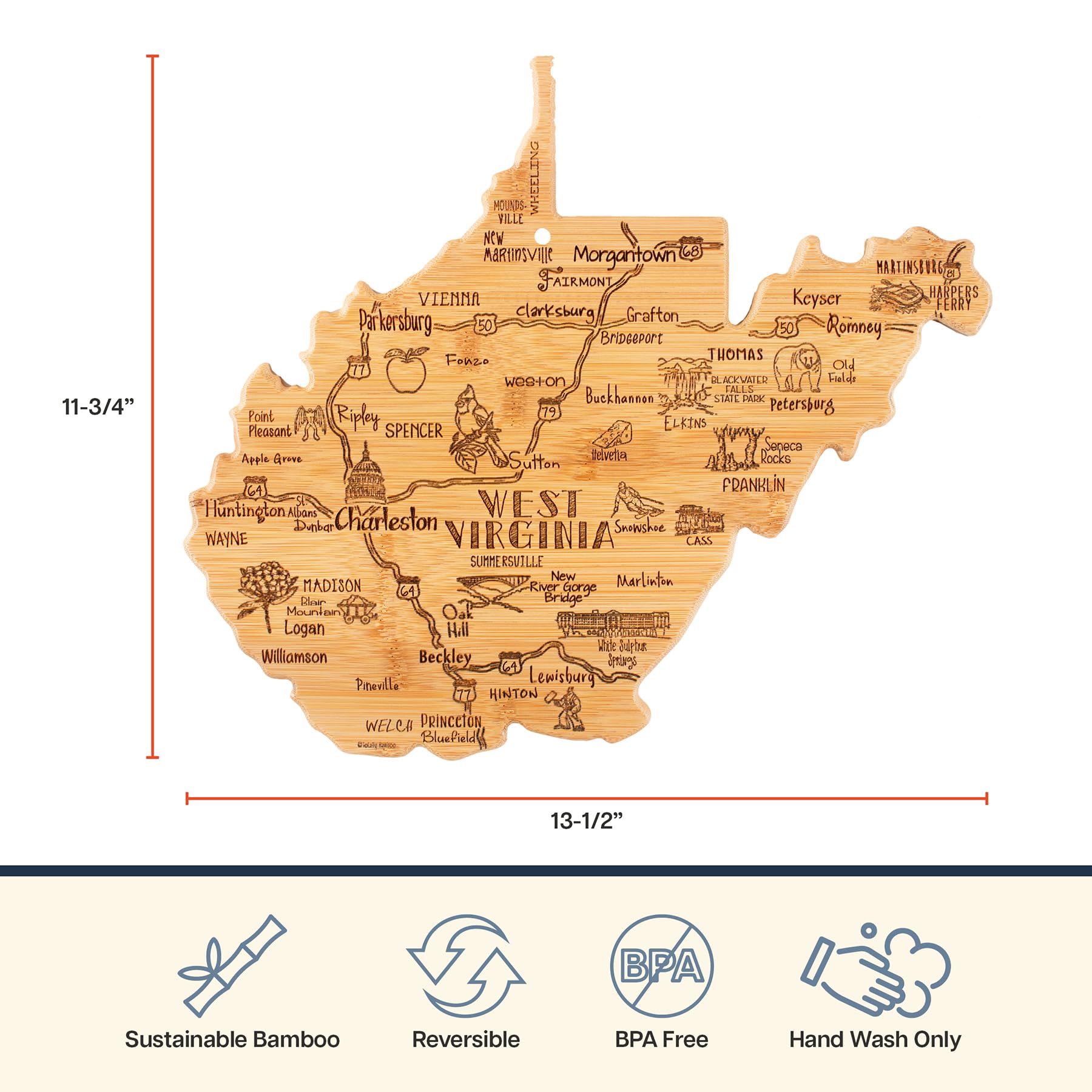 Totally Bamboo state-shaped WV cutting board shown as decorative but practical kitchen surface.