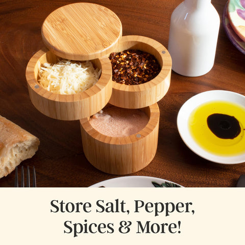 Totally Bamboo triple salt cellar bottom compartment stores larger spice quantities.
