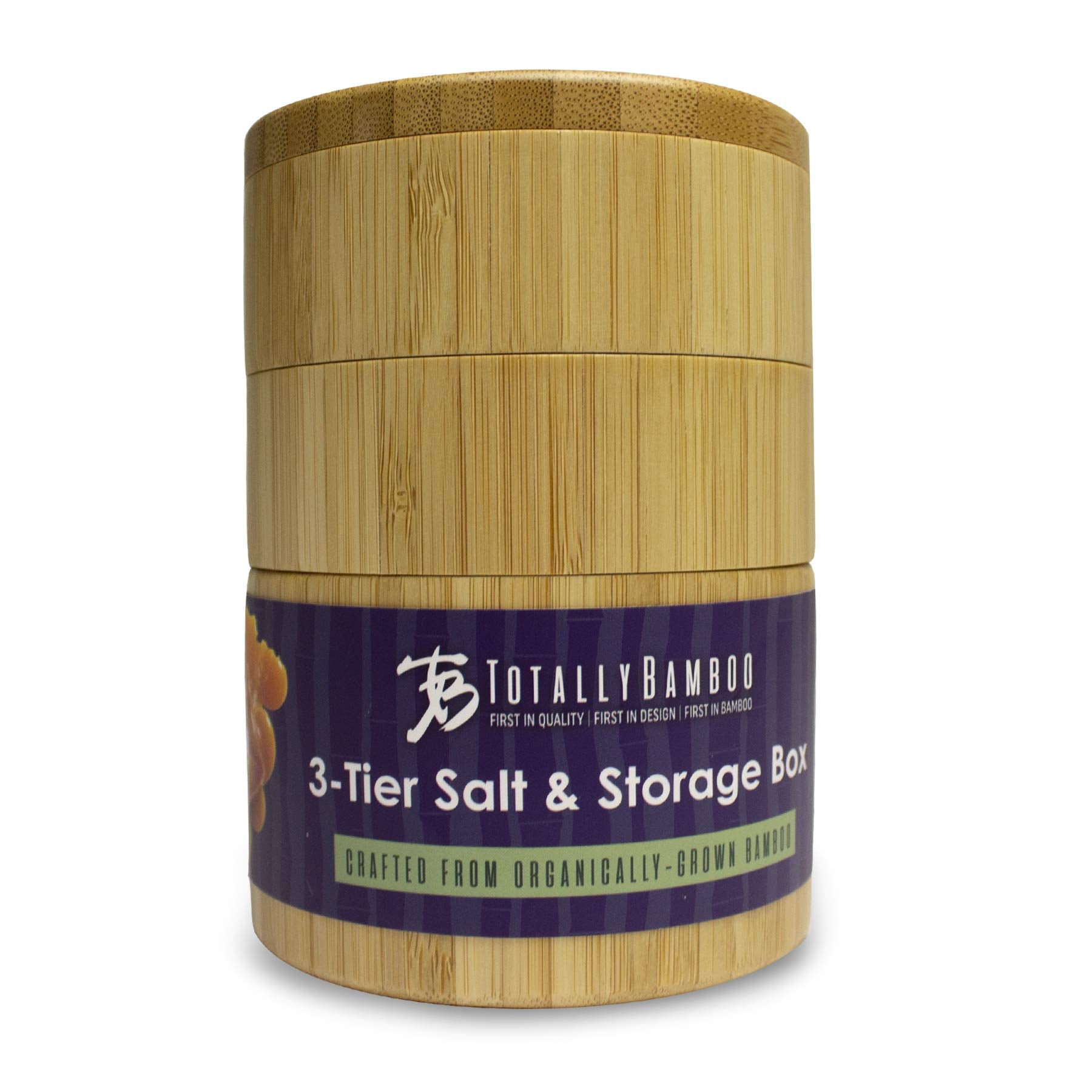 Totally Bamboo triple salt cellar swivel lids enable one-handed cooking access.