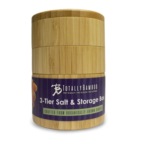 Totally Bamboo triple salt cellar swivel lids enable one-handed cooking access.