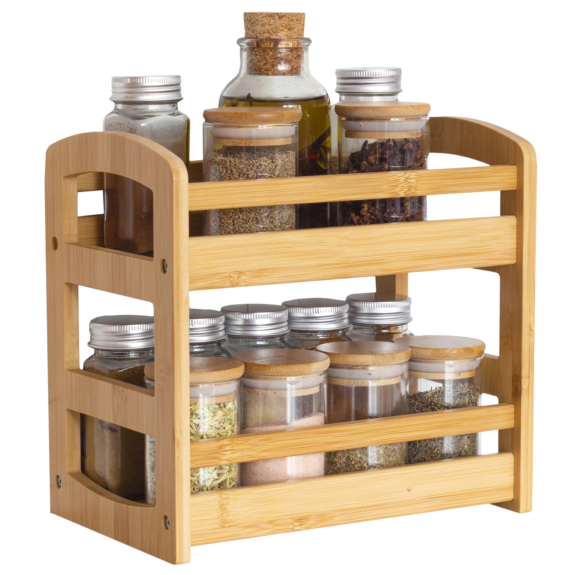 Totally Bamboo two-shelf spice caddy front view on counter keeps spices organized.